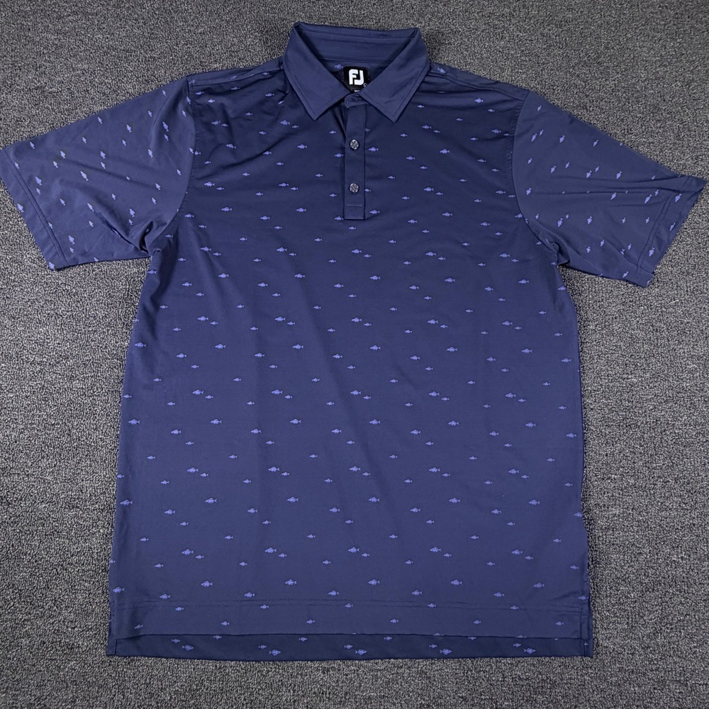 FootJoy Polo Mens Large SKU 29610 Navy Blue Fish Print EUC